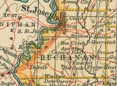 Detail of a 19th-century map of Buchanan County, showing St. Joseph and Easton.