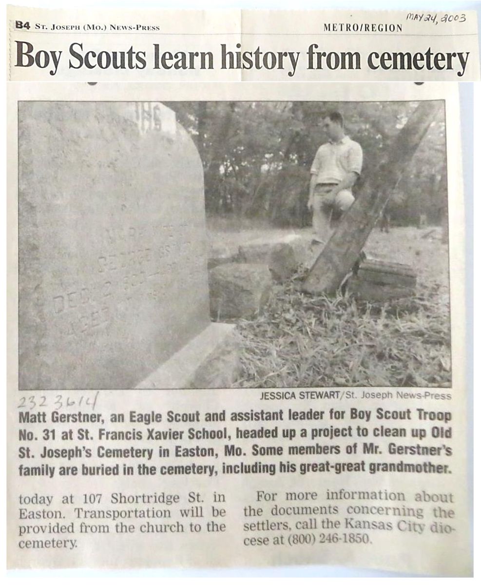 “Boy Scouts learn history from cemetery,” St. Joseph News-Press, hand-dated May 24, 2003.
